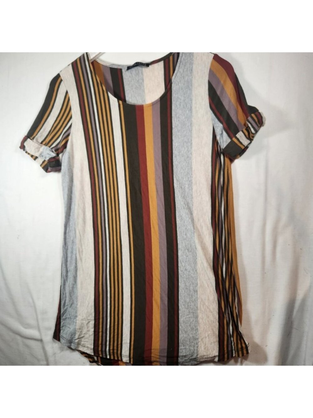 Rayon Final Touch Womens Vertical Stripe Short Sleeve Scoop Neck Top EarthTones